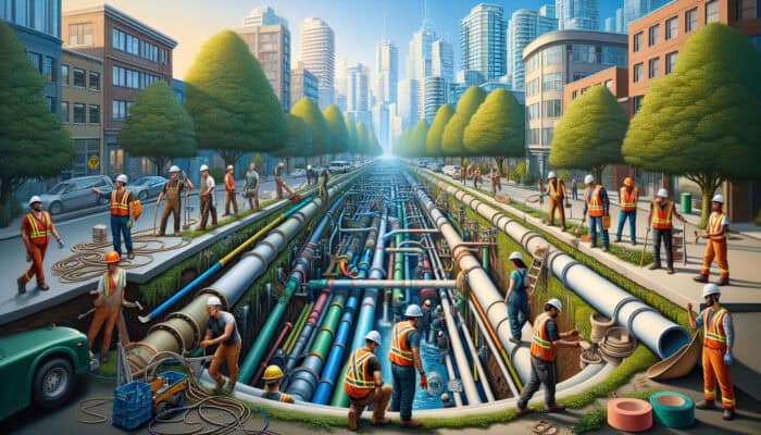 Workers installing modern drainage systems in West End, Vancouver, amidst greenery and high-rises.