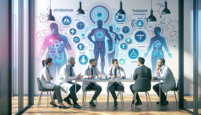 Diverse group of Wakefield endocrinologists and GPs discussing testosterone results with patient in modern clinic.