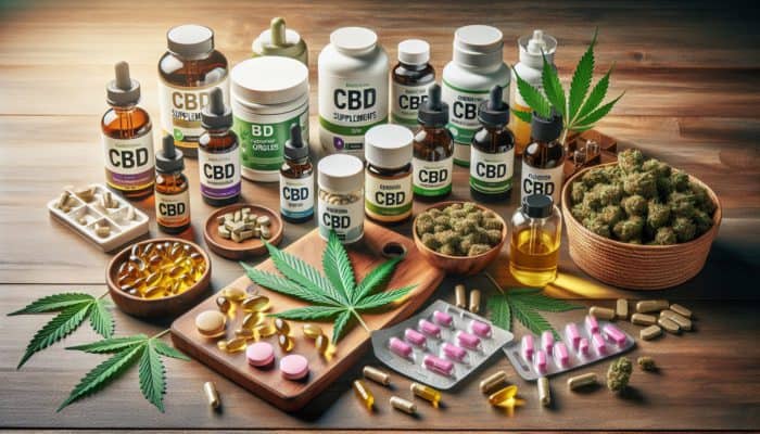 CBD supplement reviews: CBD supplements in various forms on a wooden table with cannabis leaves, symbolising health and wellness.