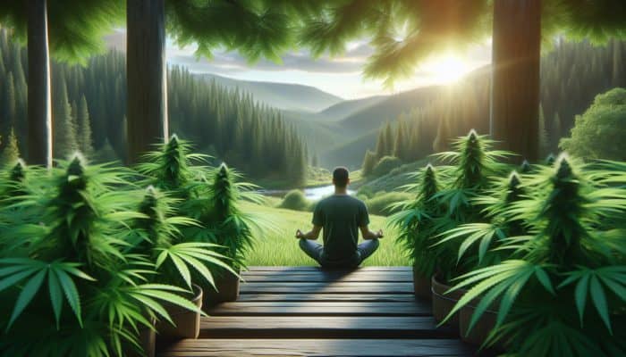 A person meditating amidst CBD plants, illustrating the calming benefits of CBD supplements.