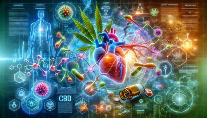 Illustration of CBD interacting with the endocannabinoid system, showing health benefits like reduced inflammation and pain relief.