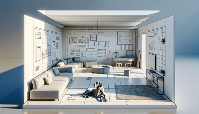 A modern living room designed for a Great Dane with open pathways, an elevated bed, and distinct areas for play, eating, and resting.