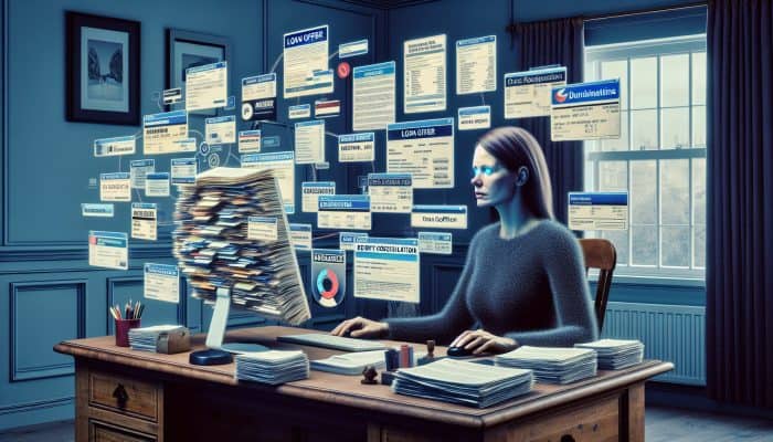 How to Use Spreadsheets for Debt Consolidation: UK Guide | DCL A person reviewing financial documents and credit scores, surrounded by loan brochures, with a computer showing a debt consolidation application in the UK.