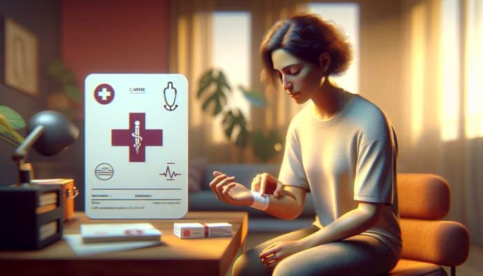 Person applying pressure to arm bandage at home, healthcare contact info visible.