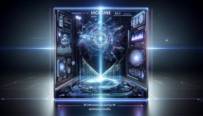 A futuristic search engine interface with AI algorithms optimising results on a high-tech screen with holographic data.