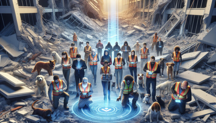 Volunteers using GPS to rescue pets trapped under rubble post-earthquake, highlighting community and innovation.