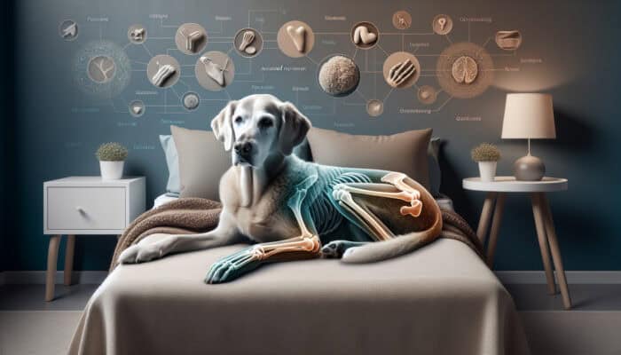 Senior dog with arthritis resting on an orthopedic bed, surrounded by pillows and a warm blanket in a cozy room.