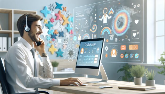 Customer service representative smiling while assisting a customer over the phone, resolving a reservation issue.