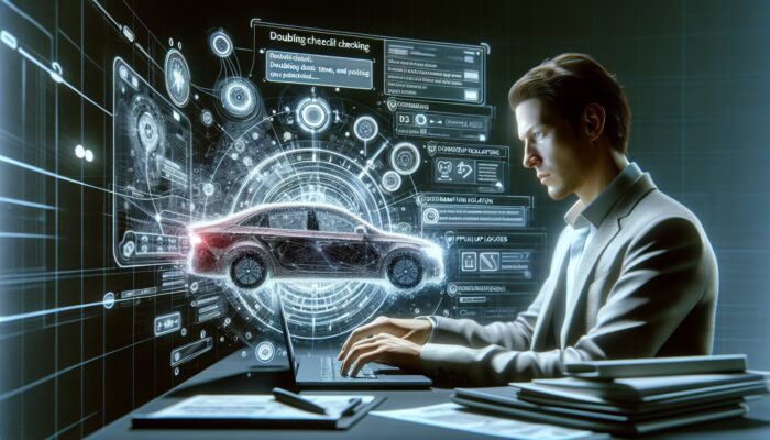 Person booking car online, checking details on laptop with checklist and confirmation email visible.