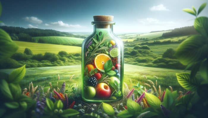 Clean-Label Supplement Demands: A glass bottle with natural herbs and fruits, labeled clearly, on a backdrop of organic fields.