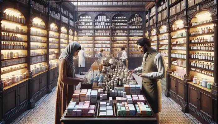Nitrile Gloves in Warwick: A person browsing nitrile gloves in a Warwick pharmacy, with staff offering advice.