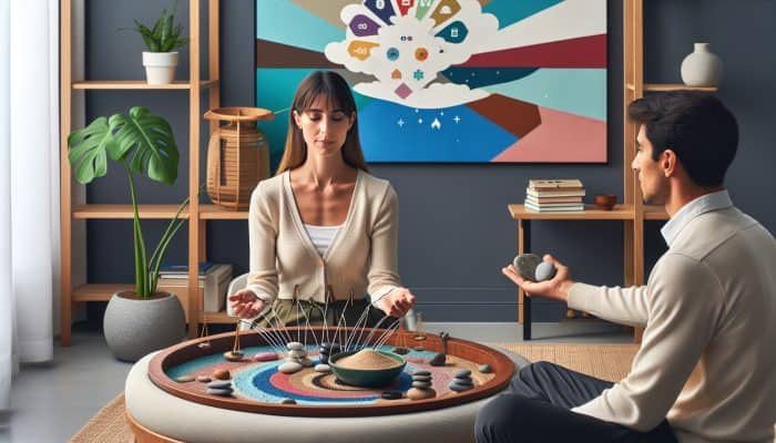 Dialectical Behaviour Therapy Basics: A therapy session focused on DBT, showing emotional regulation and mindfulness with visual aids for skills.