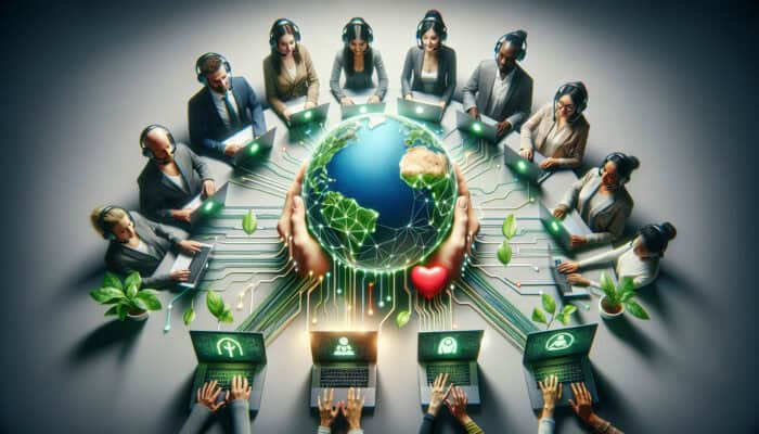 Diverse team of virtual assistants using eco-friendly technology, focusing on community impact in a modern workspace.