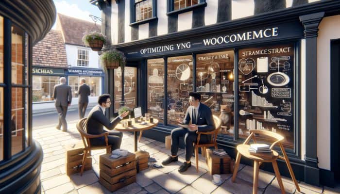 A small business owner optimizes WooCommerce setup with expert advice in a historic Blandford Forum shop.