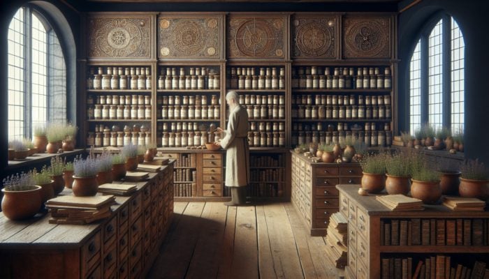Advanced Herbal Infusion Timing: Elderly herbalist in historical British apothecary preparing infusion with thyme, chamomile, mint, surrounded by ancient texts and symbols.
