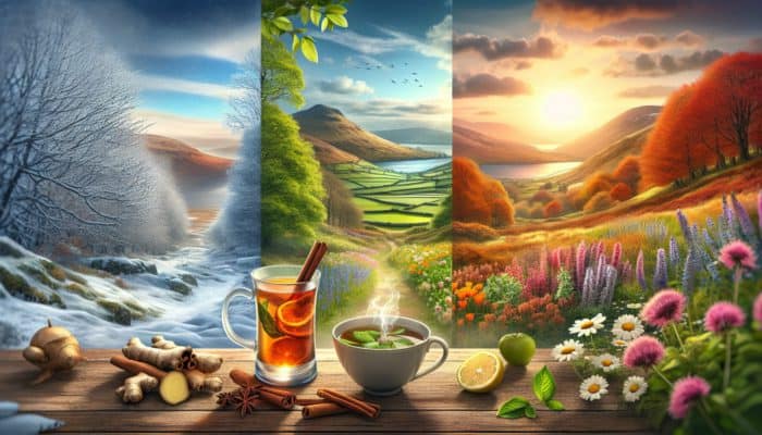 UK landscape with seasonal changes, showing steaming cups of ginger, cinnamon, lemon balm, and chamomile infusions.