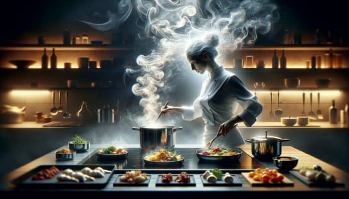 A gourmet chef reheating colorful leftovers in a modern kitchen, steam rising, warm atmosphere.