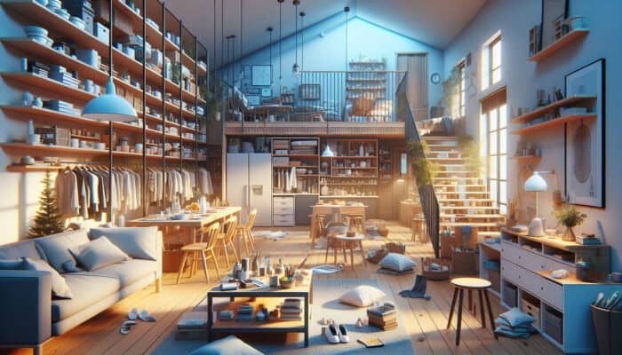 Clearing a UK Home Before Holidays: Cozy home interior with organized, clutter-free rooms, bathed in warm holiday light.