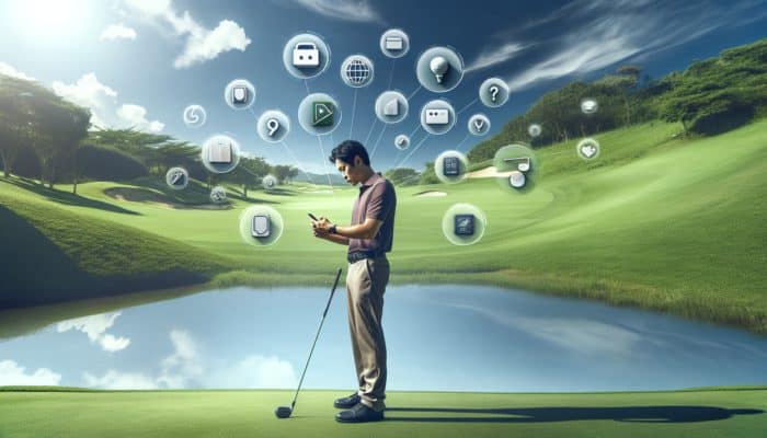 Golfer using smartphone to compare golf apps on a green course under a clear sky.