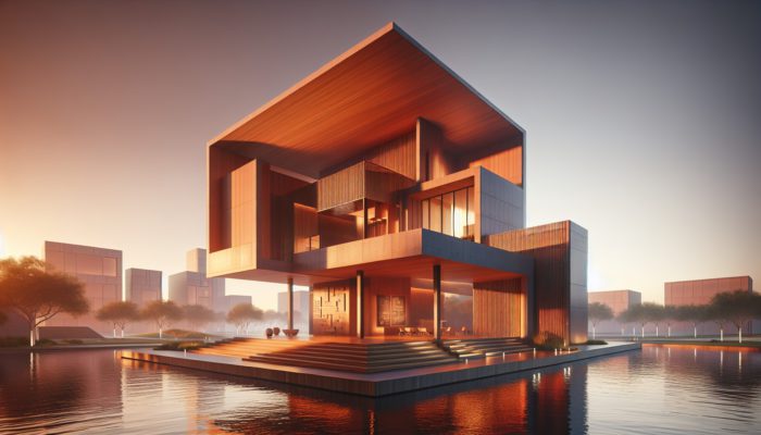 Modern building with warm auburn light, enhancing natural illumination and energy efficiency, blending indoor and outdoor spaces.