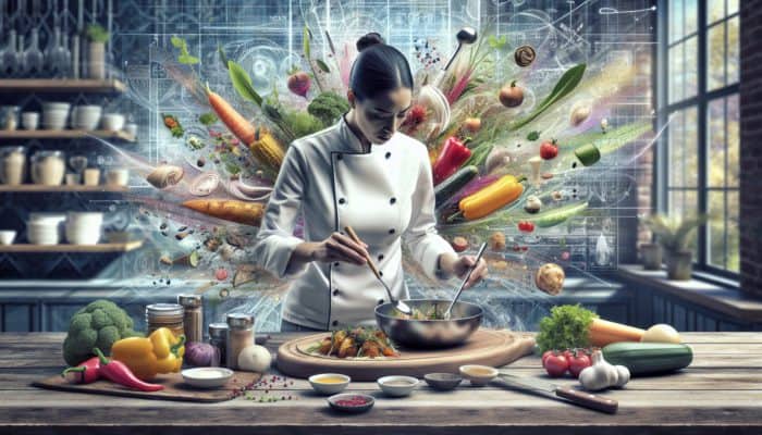 A chef preparing colourful, delicious gluten-free dishes in a gourmet kitchen.