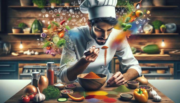 A chef tasting and seasoning a colourful gluten-free dish in a vibrant kitchen, emphasizing flavour balance.