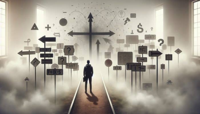 Overcoming Survival Doubt: A person at a foggy crossroads, symbolising life's uncertainty, with shadowy figures of past failures and societal pressures.