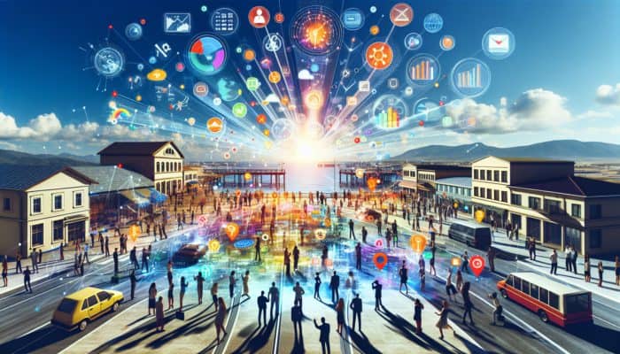 Small business owners in Teignmouth engaging with internet marketing experts, surrounded by digital screens.