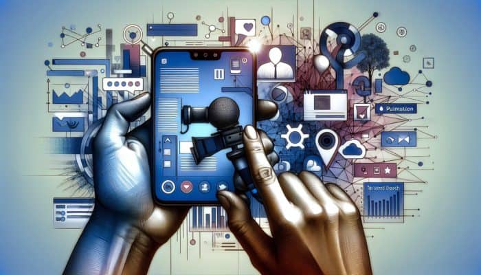 A small business owner recording a video for Instagram marketing, with AI and voice search icons on a smartphone screen.