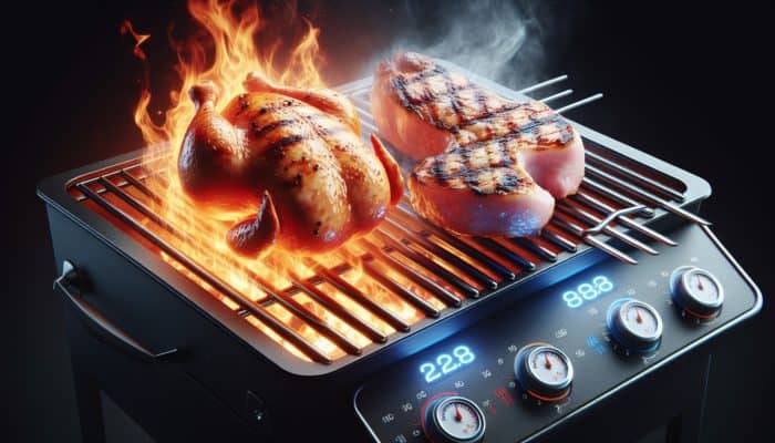 Digital thermometer monitoring chicken at 75°C and pork at 63°C on a BBQ grill, enhancing flavor and juiciness.