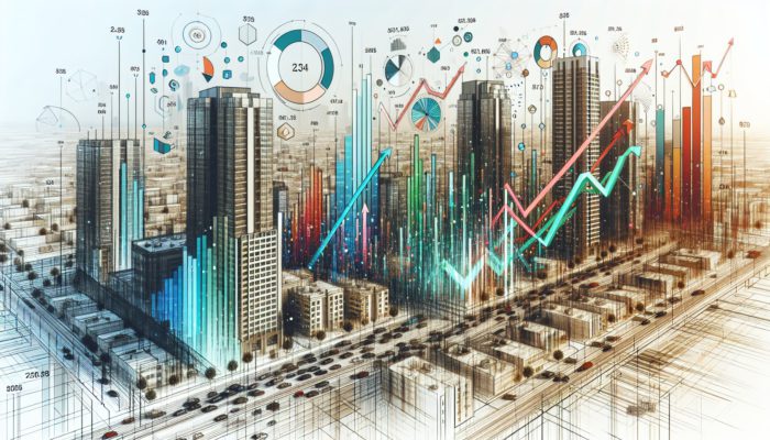 A bustling mid-level property market in Delmas with colorful graphs and charts showing expert predictions.