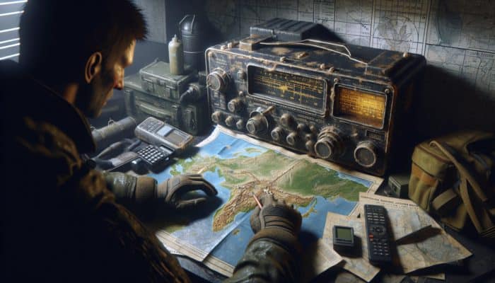 Emergency Radio Picks: A person in a bunker using an emergency radio for urgent weather updates, surrounded by survival gear.