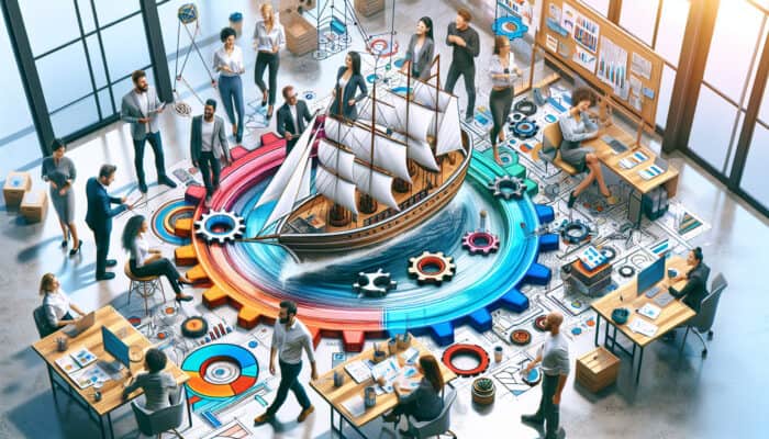 A vibrant office scene with diverse employees collaborating, symbolising effective employee retention strategies.