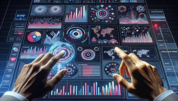 A digital dashboard with analytics charts and hands adjusting sliders, symbolising click-through rate optimisation.