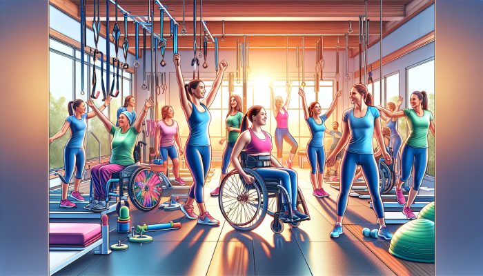 A vibrant community of women with disabilities engaging in adaptive fitness, supported by accessible healthcare and a strong network, fostering wellness and empowerment.