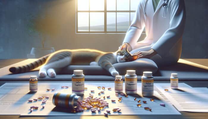 A cat resting comfortably on a bed with joint supplements and a vet adjusting its diet plan.