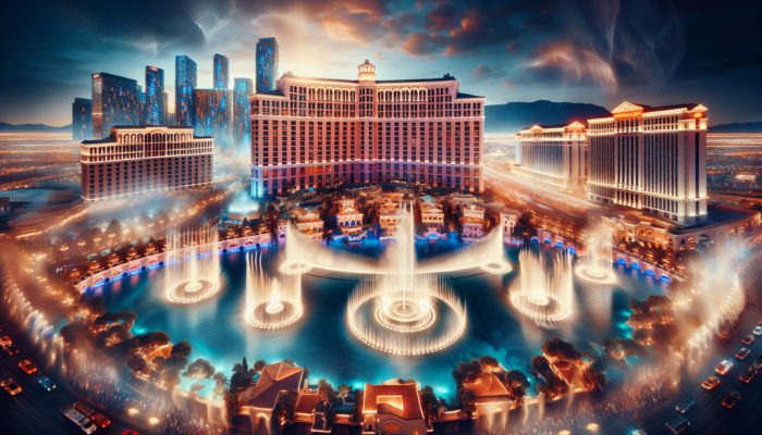 Bellagio's fountains in Las Vegas, choreographed to music with vibrant lights at night.