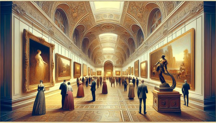 Elegant Bellagio Gallery with rotating contemporary and classical art exhibitions, opulent decor, and soft lighting.