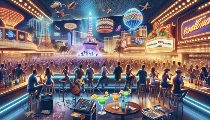 A vibrant Las Vegas bar scene with live entertainment and patrons enjoying colourful margaritas.
