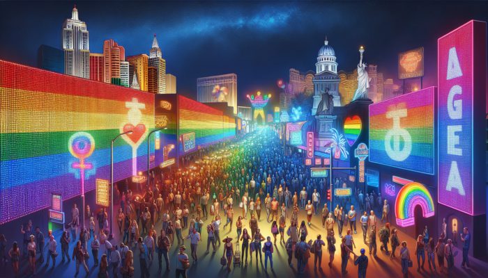 A vibrant Las Vegas night scene with rainbow lights and diverse LGBTQ+ groups enjoying inclusive hotspots.