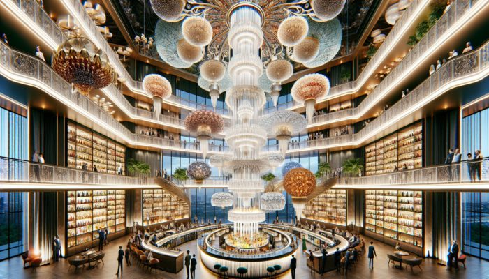 A multi-story chandelier illuminates a vibrant bar with innovative cocktails at The Cosmopolitan's Chandelier Lounge.