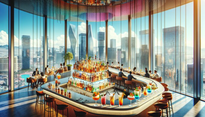 A vibrant bar in the LINQ's High Roller with panoramic views of the Las Vegas Strip, serving innovative cocktails.