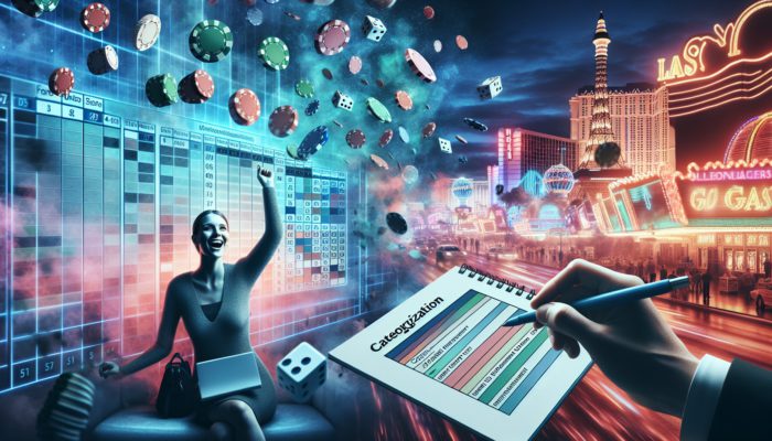 A person setting a budget on a colourful Las Vegas backdrop with casino elements under neon lights.