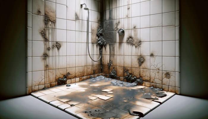A shower exhibiting damage such as water stains, mould, cracked tiles, pooling water, and soft spots on the floor.