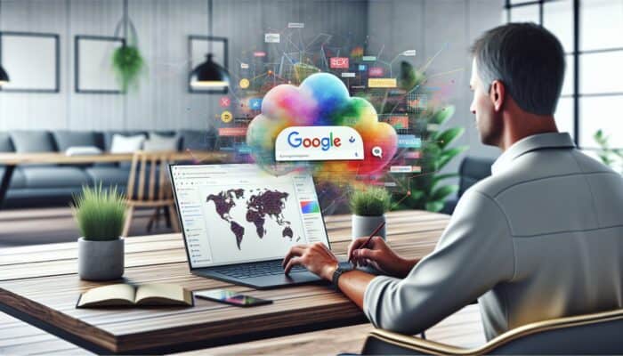 A digital marketer optimizing Google My Business on a laptop, with SEO keywords and a local map in an office.