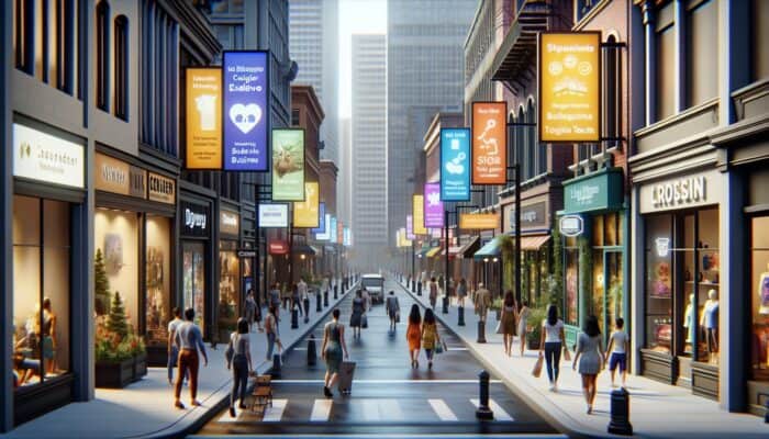 A busy city street with storefronts showing optimized Google listings and customer reviews, digital screens displaying local keywords and landmarks.