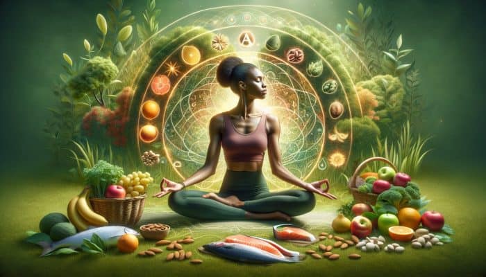 A woman practicing yoga in a garden, surrounded by health symbols and a soft glow.