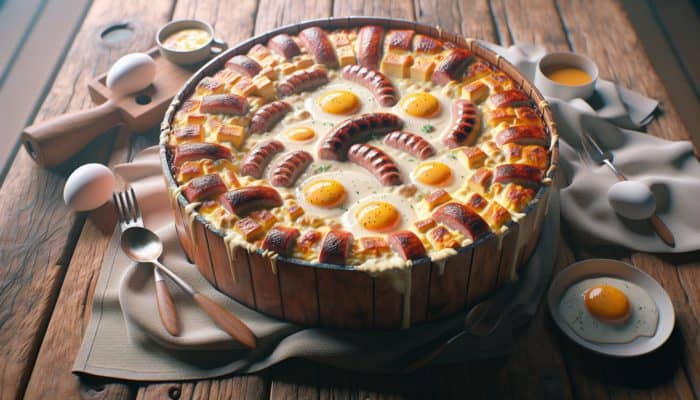 Top Breakfast Casserole Recipes for Weekends: Hearty breakfast casserole with sausage, eggs, and cheese, served on a rustic table with loved ones.