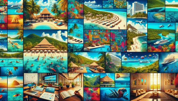 Collage of all-inclusive resorts in Mexico, Jamaica, Dominican Republic, Costa Rica, and Belize, showcasing beaches, landscapes, and activities like snorkeling, hiking, and cultural excursions.