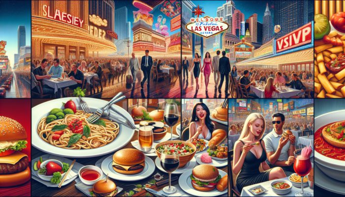 Diverse Las Vegas dining scene featuring Italian, Asian, American cuisines at iconic restaurants like Gordon Ramsay's Hell's Kitchen and Joël Robuchon.